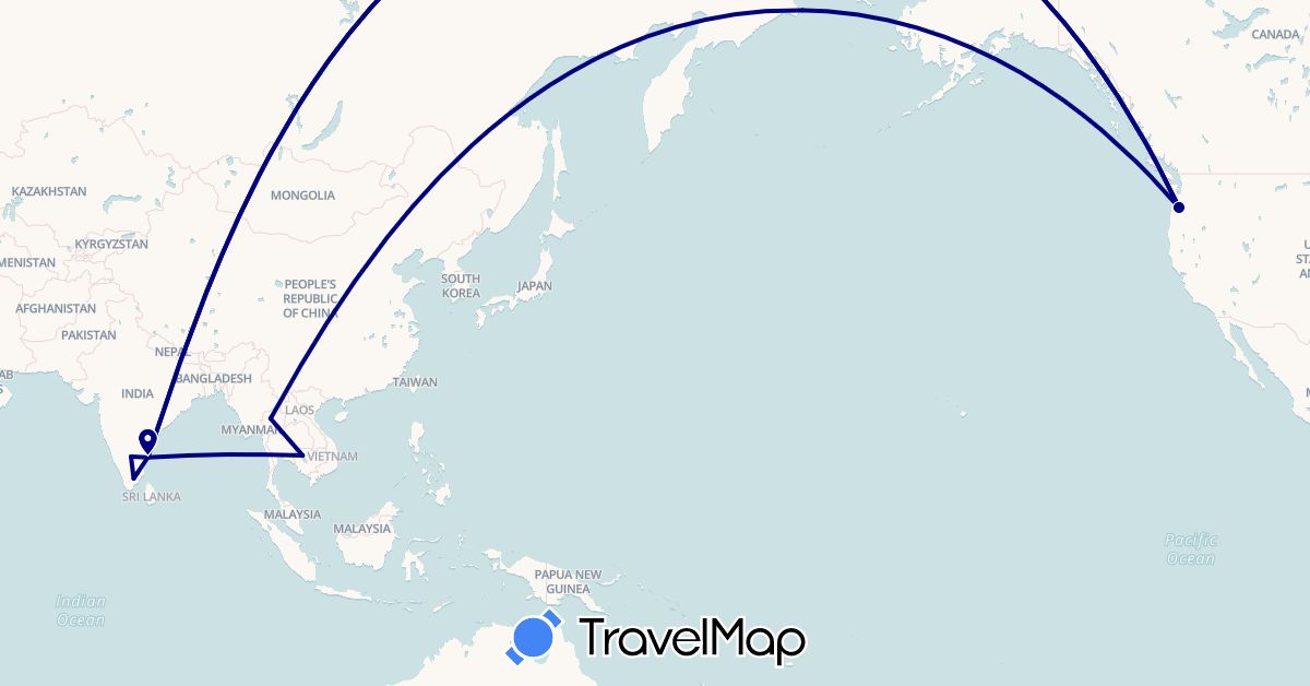 TravelMap itinerary: driving in India, Cambodia, Thailand, United States (Asia, North America)